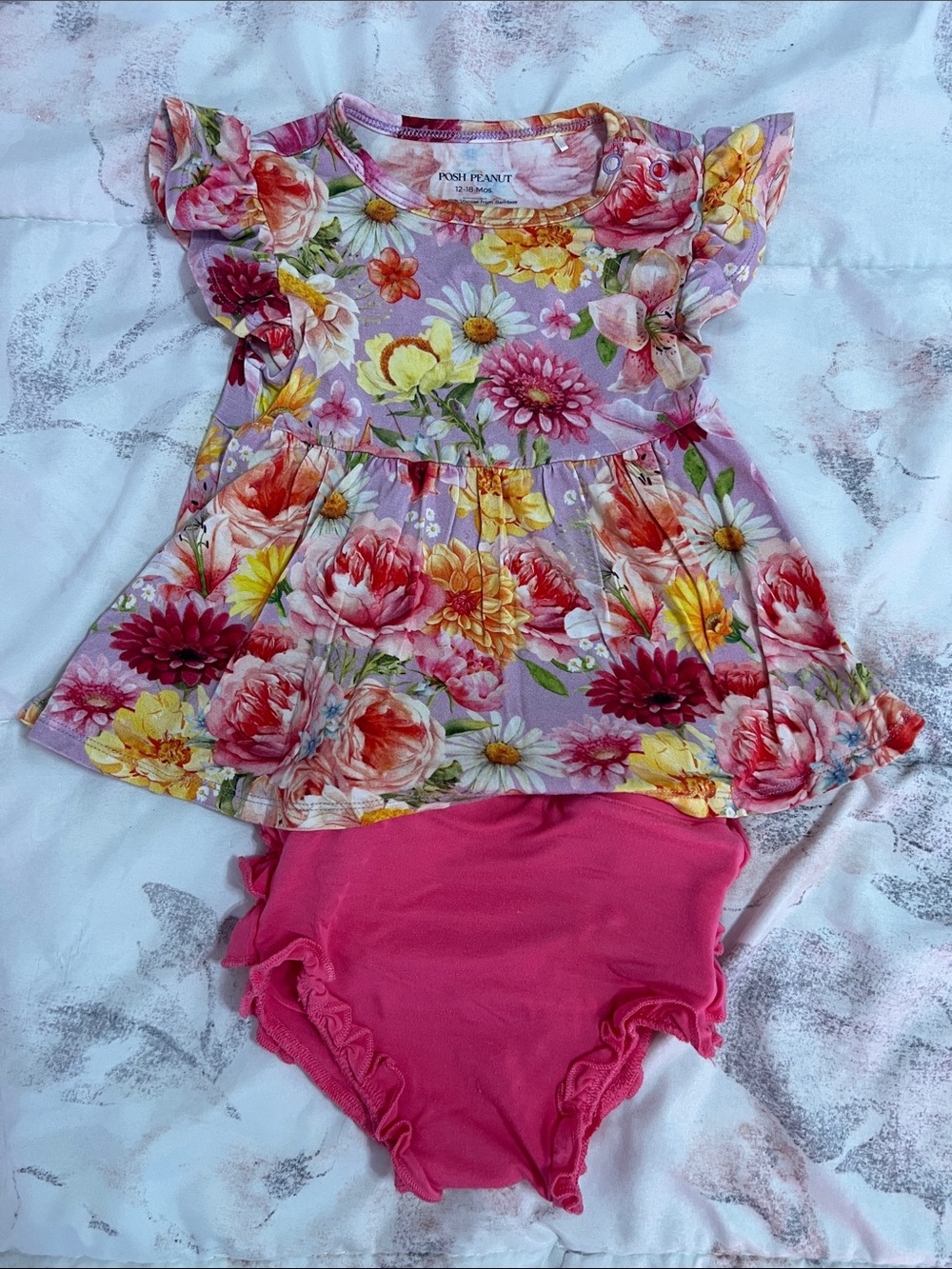 Posh Peanut girl 12-18 months Lavender Floral Ruffle Dress with Pink Bloomer